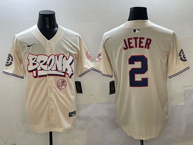 Men New York Yankees 2 Jeter Cream four generations Joint Name 2025 Nike MLB Jersey style 7